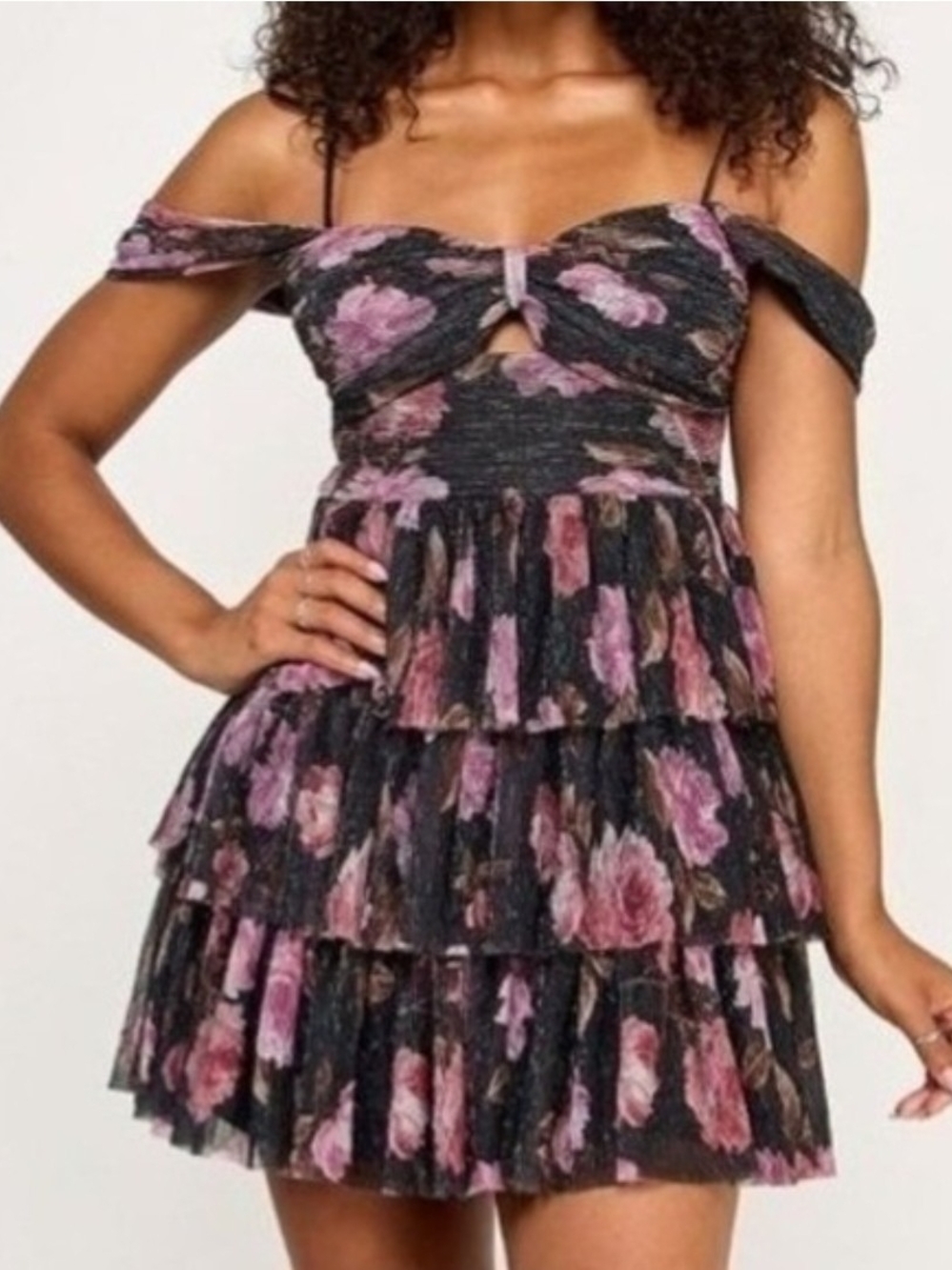 Floral Off-Shoulder Ruffle Mini Dress - Pink on Black